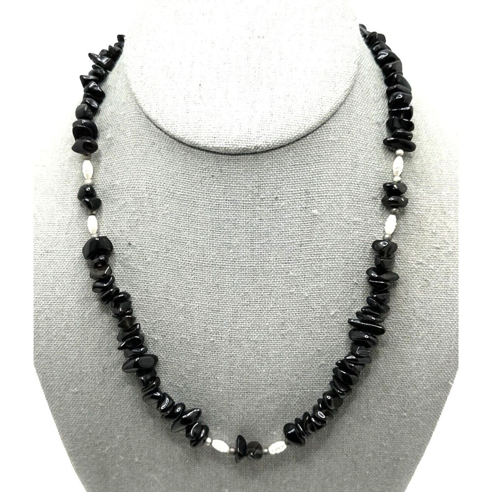 Vintage Black Onyx Quartz Bead Necklace Faux Pearl 925 Sterling Silver Clasp 19"